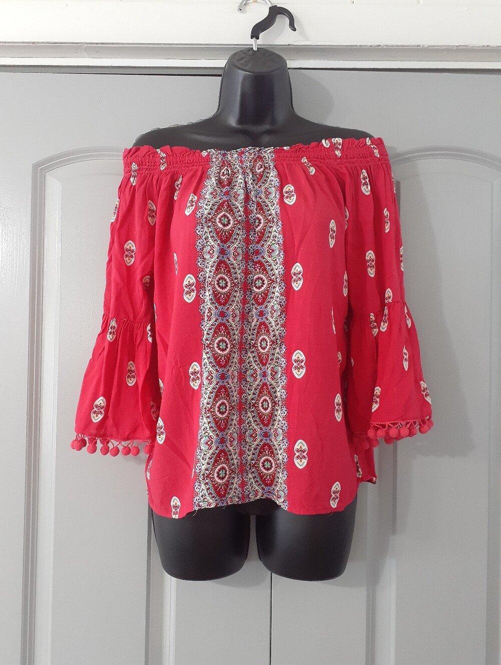 Grand and Greene red off shoulder pom pom bell sleeve blouse